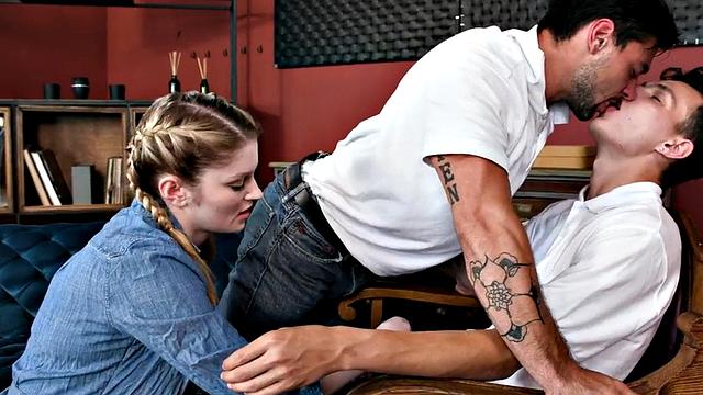 Bisexual busty babe deepthroats and gets fucked in a 3way