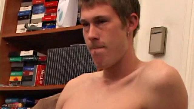 Horny amateur Brent Stenson strokes out a load on the kitchen table.