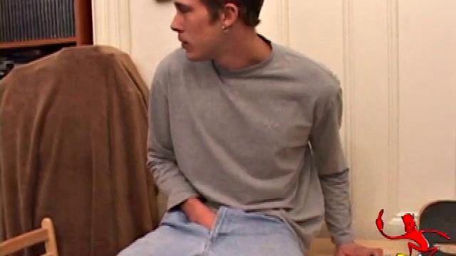 Horny amateur Brent Stenson strokes out a load on the kitchen table.