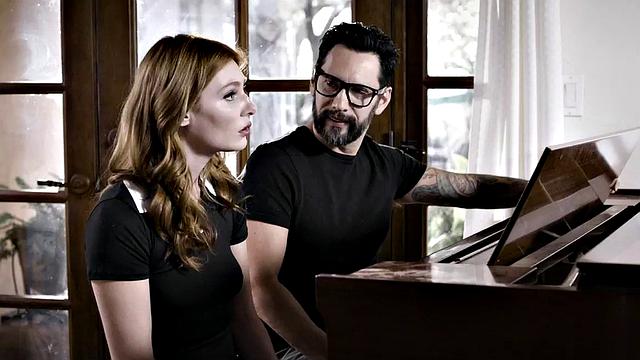 Horny daughter-in-law deepthroats and gives a hot handjob to her future father-in-law in the living room