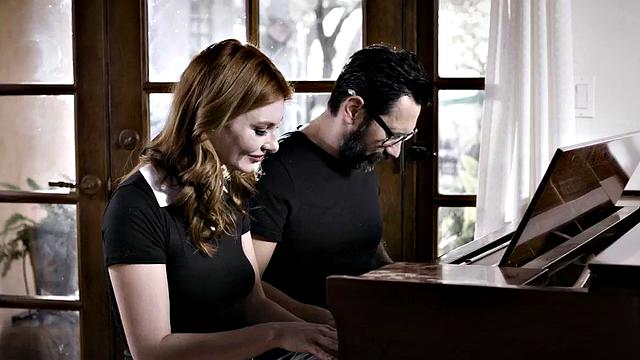 Horny daughter-in-law deepthroats and gives a hot handjob to her future father-in-law in the living room