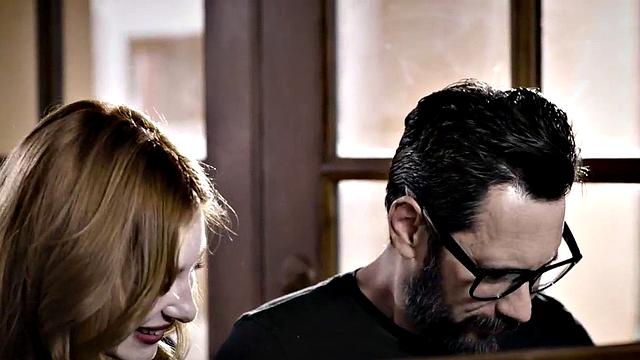 Horny daughter-in-law deepthroats and gives a hot handjob to her future father-in-law in the living room