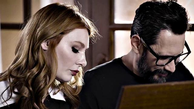 Horny daughter-in-law deepthroats and gives a hot handjob to her future father-in-law in the living room