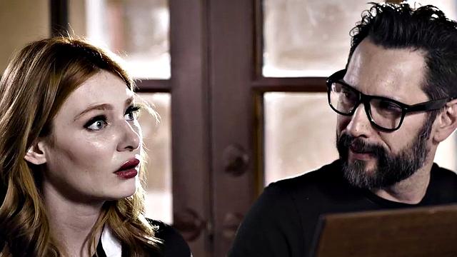 Horny daughter-in-law deepthroats and gives a hot handjob to her future father-in-law in the living room