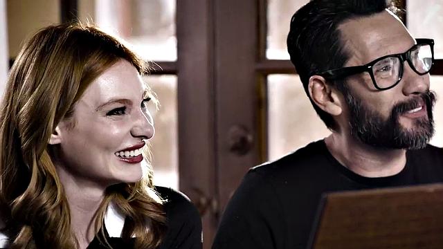 Horny daughter-in-law deepthroats and gives a hot handjob to her future father-in-law in the living room