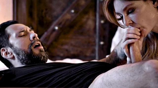 Horny daughter-in-law deepthroats and gives a hot handjob to her future father-in-law in the living room