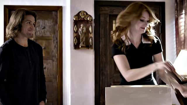 Horny daughter-in-law deepthroats and gives a hot handjob to her future father-in-law in the living room