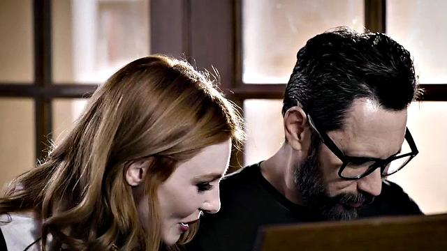 Horny daughter-in-law deepthroats and gives a hot handjob to her future father-in-law in the living room