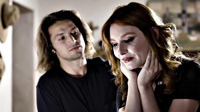 Horny daughter-in-law deepthroats and gives a hot handjob to her future father-in-law in the living room