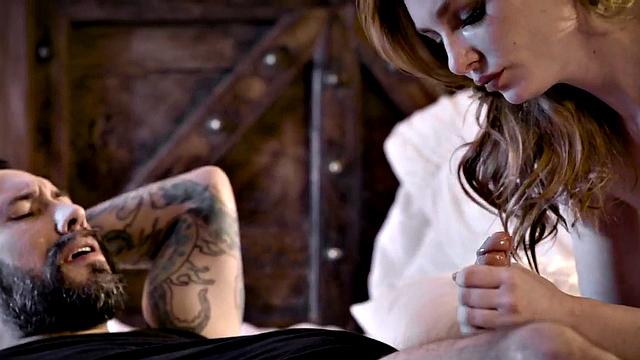 Horny daughter-in-law deepthroats and gives a hot handjob to her future father-in-law in the living room