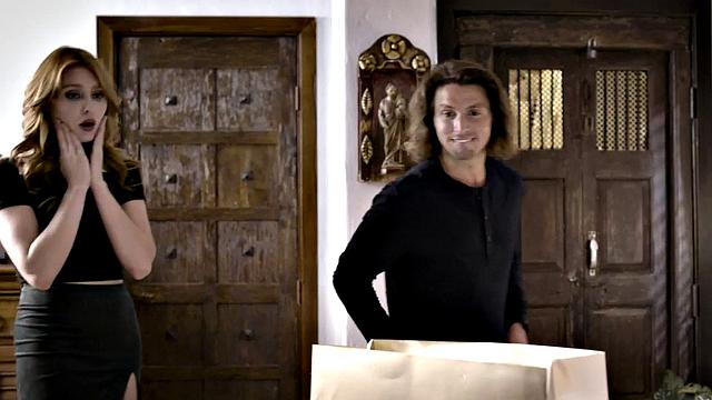 Horny daughter-in-law deepthroats and gives a hot handjob to her future father-in-law in the living room