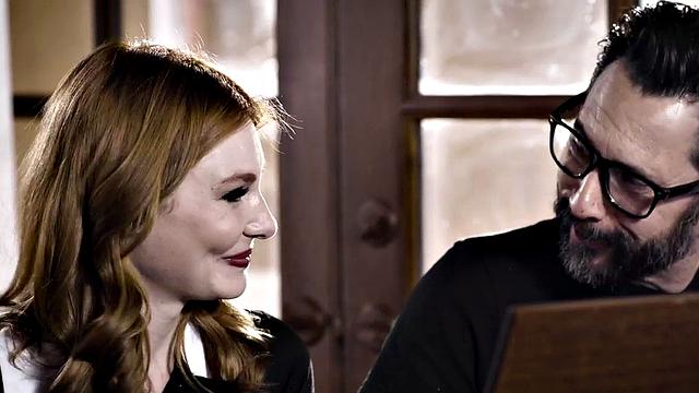 Horny daughter-in-law deepthroats and gives a hot handjob to her future father-in-law in the living room