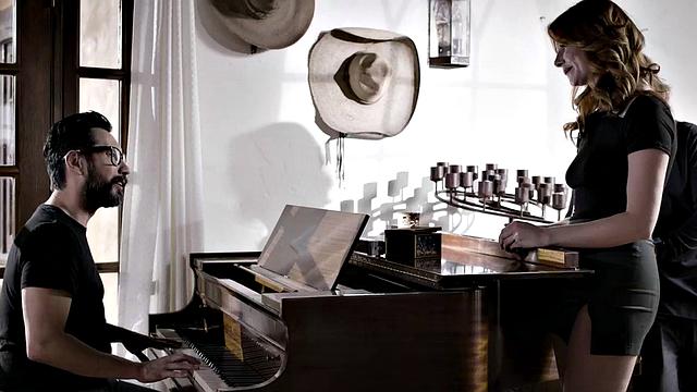 Horny daughter-in-law deepthroats and gives a hot handjob to her future father-in-law in the living room