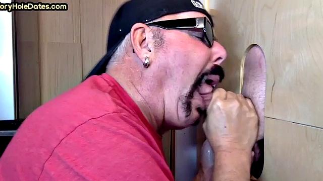 Mature gaydaddy eats gloryhole cum after sucking