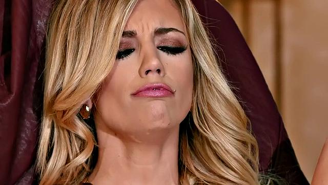 Blonde with tattoos fingers herself in high heels and panties in solo play