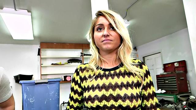 Blonde teen with brown hair deepthroats a big dick in interview with a smile