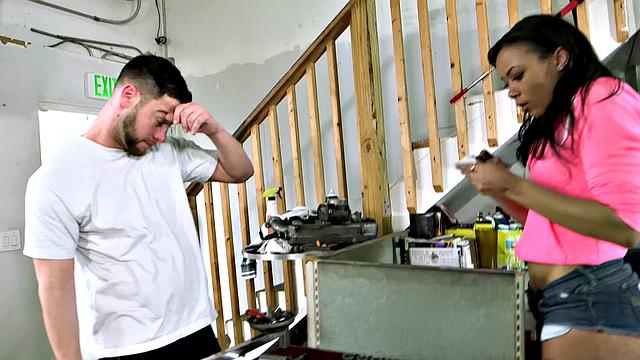 Blonde teen with brown hair deepthroats a big dick in interview with a smile