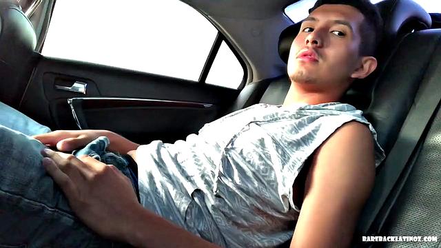 Our featured solo of the week is Roman, a hot young Latino in the back seat of a car. As the clothes strip off, he keeps watch for anyone passing by. He pushes his underwear down just enough to release his dick and works it stiff.