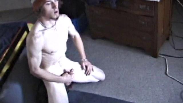 Eddy reclines in the sauna and looks at a porn magazine until a boner pops out of his shorts. Some serious stroking makes him bust a huge nut. Eddy then showers and poses naked for us.