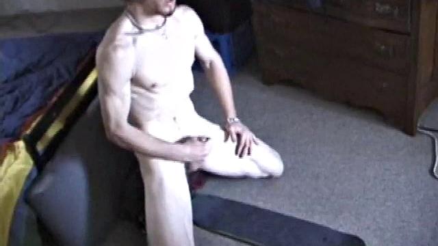 Eddy reclines in the sauna and looks at a porn magazine until a boner pops out of his shorts. Some serious stroking makes him bust a huge nut. Eddy then showers and poses naked for us.