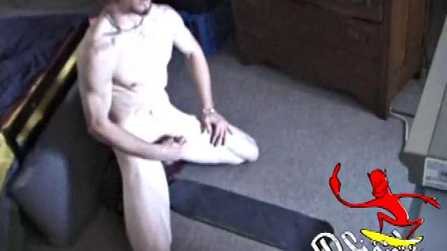 Eddy reclines in the sauna and looks at a porn magazine until a boner pops out of his shorts. Some serious stroking makes him bust a huge nut. Eddy then showers and poses naked for us.