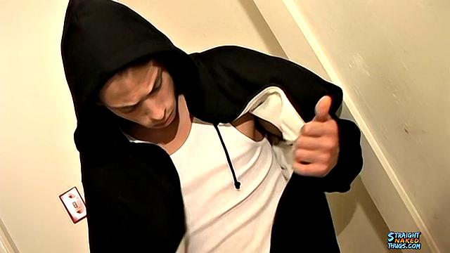 damien jerks off while doing a handstand and shoots his load in his own mouth
