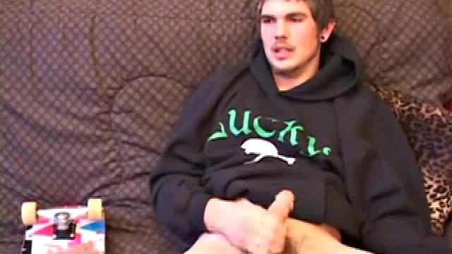 Lucky returns from the skateboard park and invites us to watch him stroke out. He takes off his pants and works on his dick, as he lubes up his asshole with a finger.