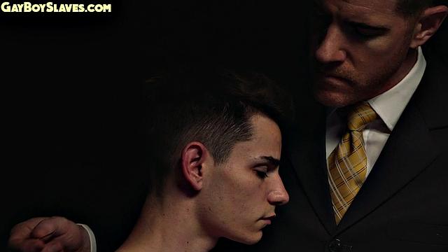 Submissive skinny twink gets oiled by dom DILF in suit