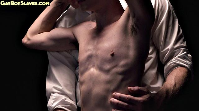 Submissive skinny twink gets oiled by dom DILF in suit