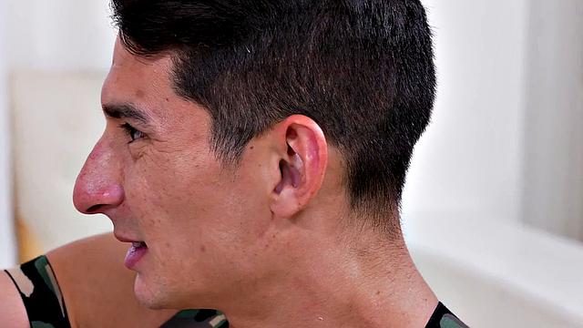 Tattoo DILF jerking while sucked and by stud