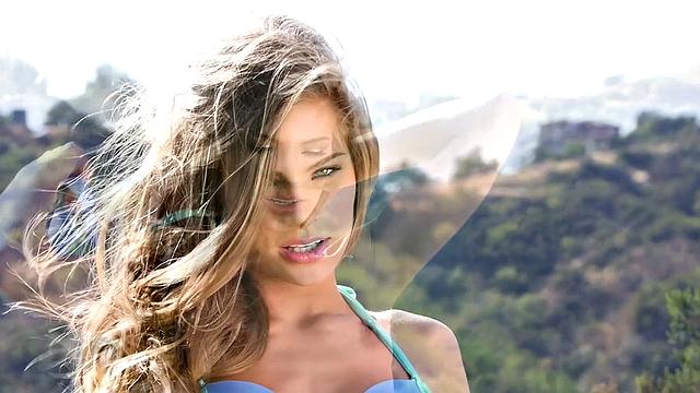 Blonde with natural tits enjoys solo outdoor pool play with piercing and tits out