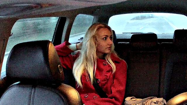 Blonde babe begs for hot cum creampie while getting fucked doggystyle in car