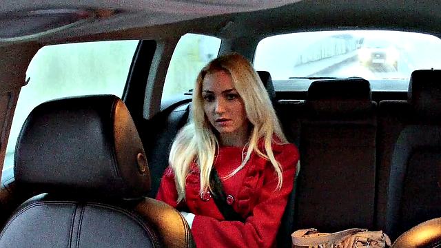 Blonde babe begs for hot cum creampie while getting fucked doggystyle in car
