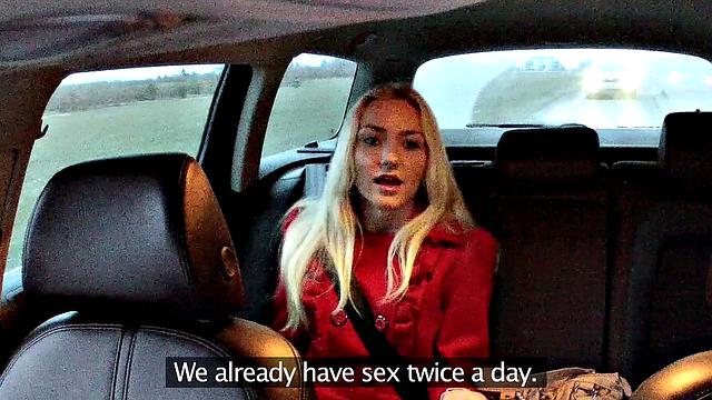 Blonde babe begs for hot cum creampie while getting fucked doggystyle in car