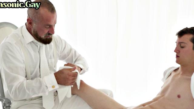 Masonic DILF in suit toys twinks' hairy asshole with dildo