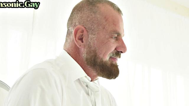 Masonic DILF in suit toys twinks' hairy asshole with dildo