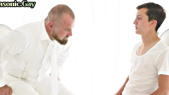 Masonic DILF in suit toys twinks' hairy asshole with dildo