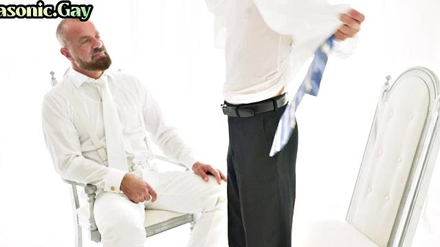 Masonic DILF in suit toys twinks' hairy asshole with dildo