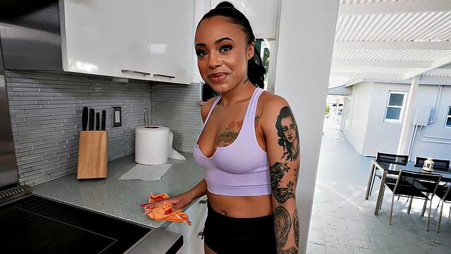 Latin tattooed 21yo maid throats and rides in cowgirl