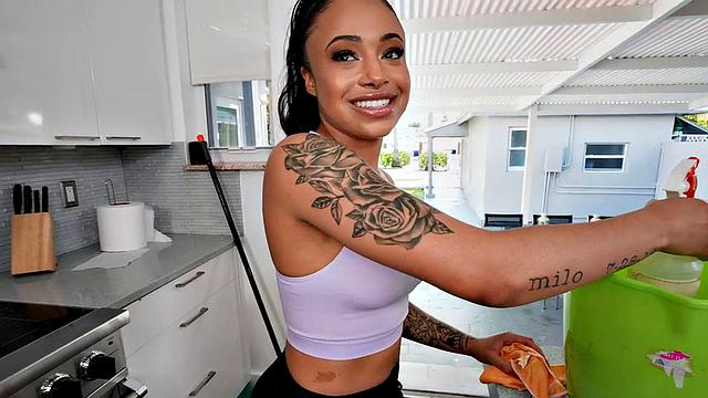 Latin tattooed 21yo maid throats and rides in cowgirl