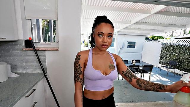 Latin tattooed 21yo maid throats and rides in cowgirl