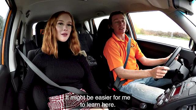 Busty british redhead publicly blowing instructor