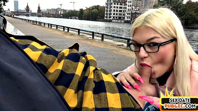 Curvy German lady sucks cock outdoors in public