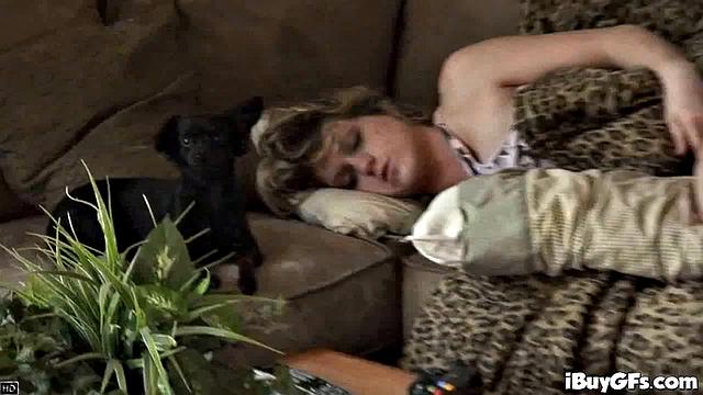 Horny blonde busty slut fingers ass and deep dick