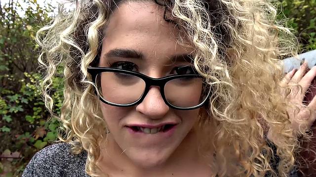 Curly-haired Spanish babe gets her natural tits and pussy pounded outdoors