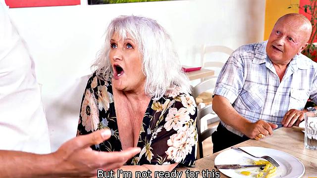 MATURE4K. Slutty mature laid by handsome waiter in front of old hubby