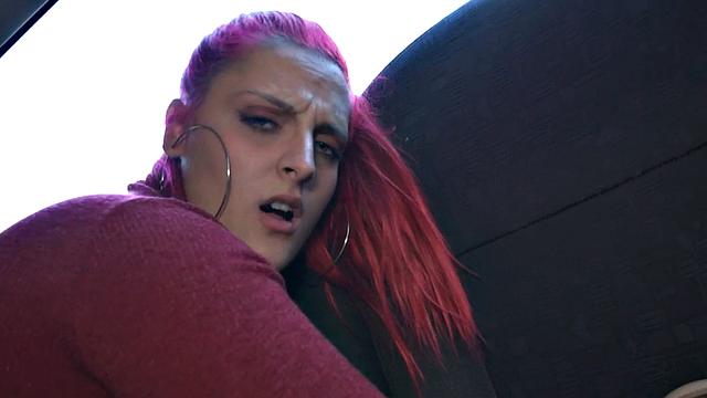 Big-titted pink-haired chubby babe riding driver POV