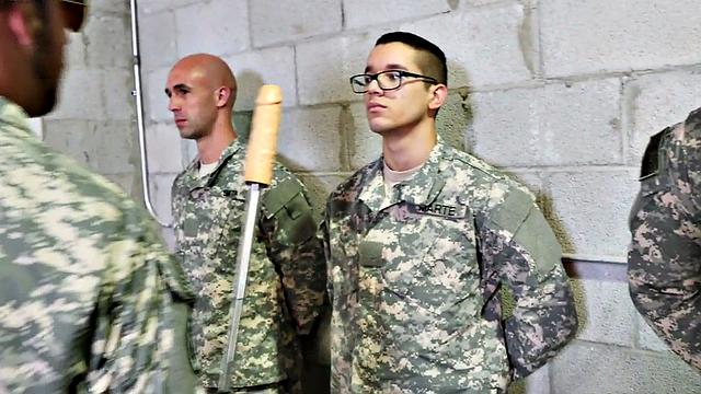 Army barebacked in bathroom 3some after blowjob