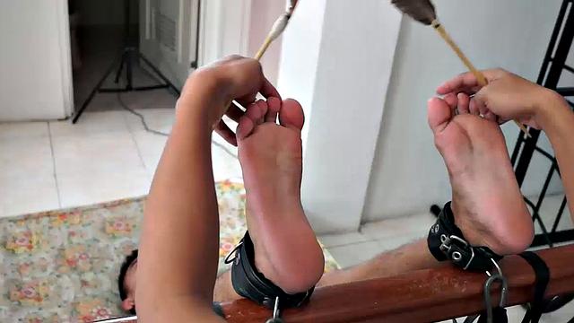 Lance returns in this tickling endurance combo. Lance's ankles are bound to the stair banister soles up. Our cutie pie boy tickler Warren tickles his feet. Lance's soles are incredibly smooth and soft like silk.