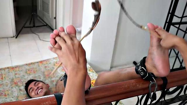 Lance returns in this tickling endurance combo. Lance's ankles are bound to the stair banister soles up. Our cutie pie boy tickler Warren tickles his feet. Lance's soles are incredibly smooth and soft like silk.